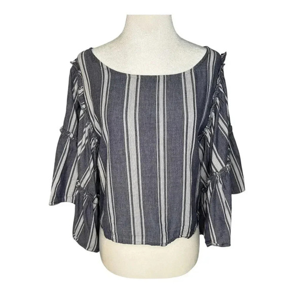 Hollister Women's Size Small Striped Cropped Blouse Blue‎ Bell  Flare Sleeve - Picture 1 of 7